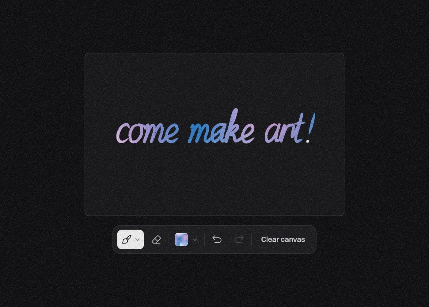 Magic Paper’s paper and toolbar, with “come make art!” etched in handwriting into the dark paper, revealing blue and pink underneath.