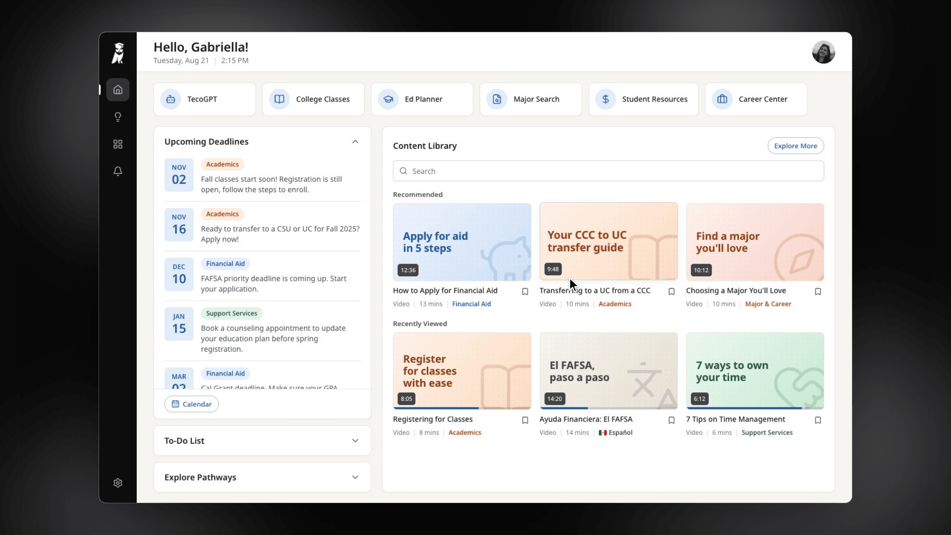 A walkthrough of the redesigned dashboards: a student adds a deadline to their to-do list and checks their progress in the profile panel, then an industry trainee opens a featured role.