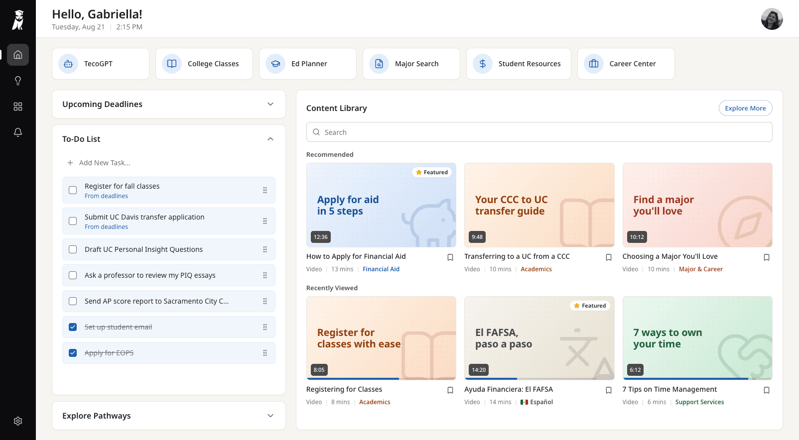 Dashboard with the To-Do List expanded: tasks marked From deadlines, tasks the student added, two checked off, and an Add New Task field.