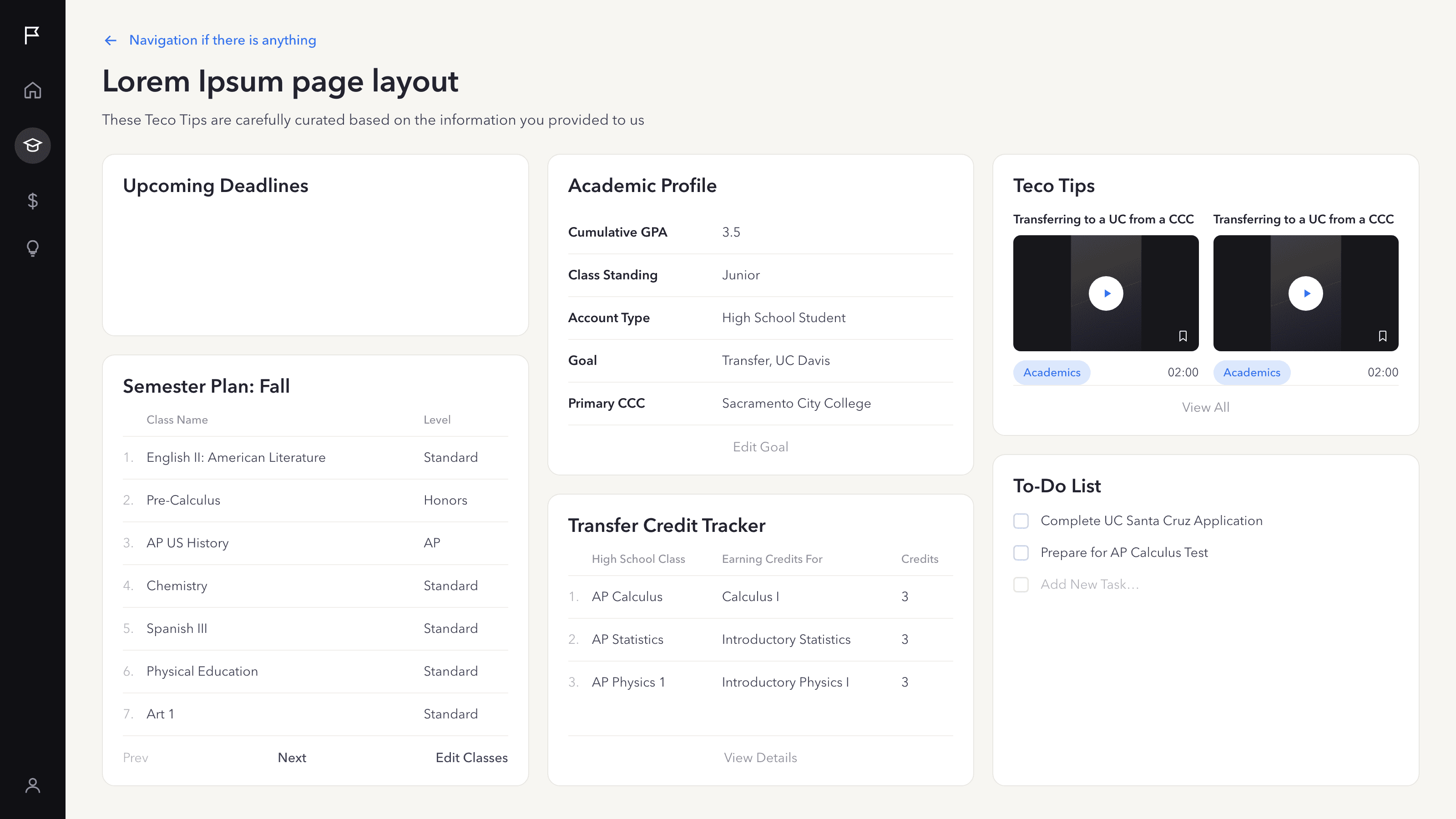 An early dashboard layout: an Academic Profile card listing cumulative GPA, class standing, account type and goal sits in the centre column, with a Transfer Credit Tracker below it, a fall semester plan on the left, and Teco Tips videos and a to-do list on the right.