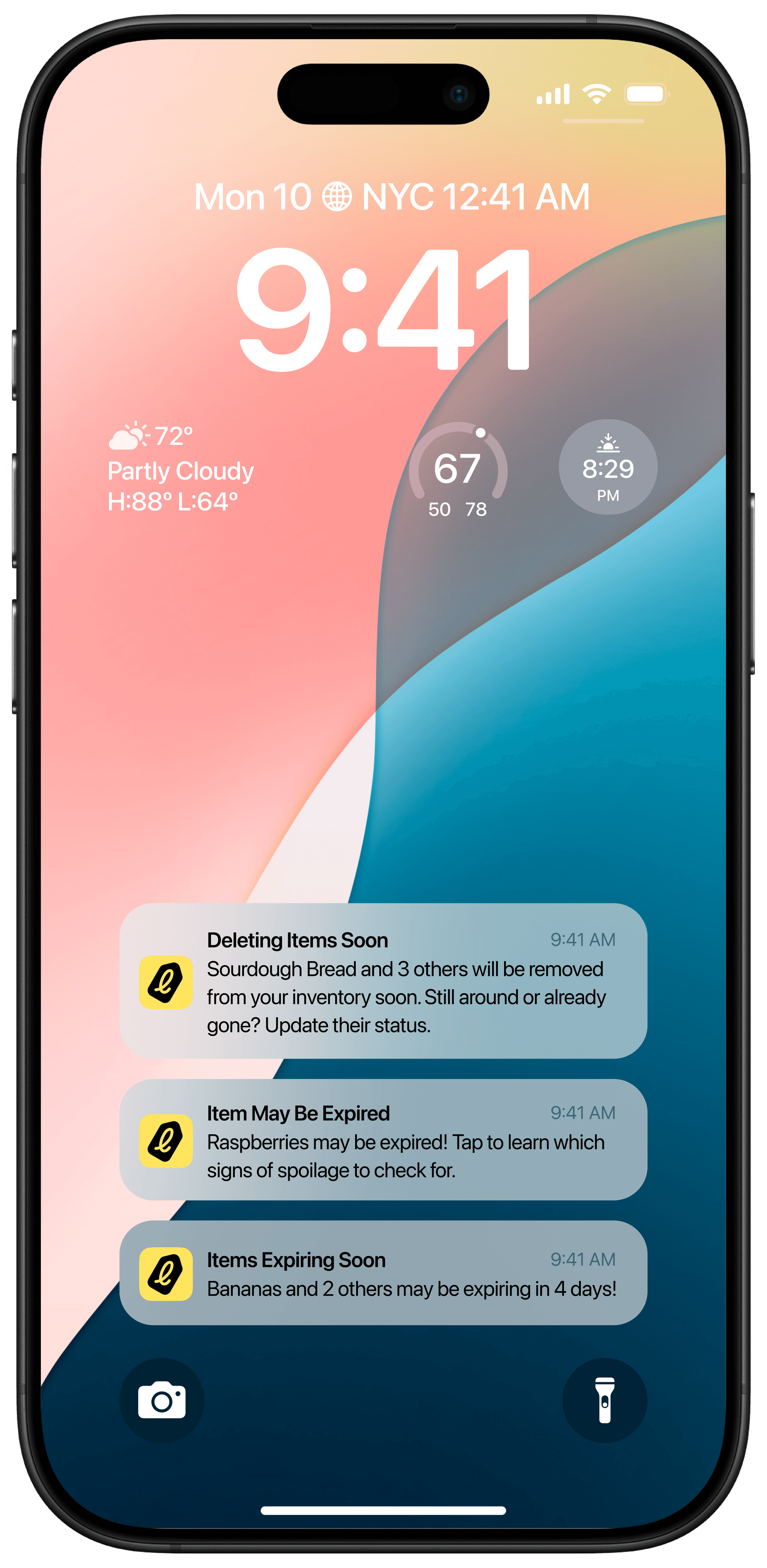 Lock screen with three Laybel notifications: items being removed from the inventory soon, an item that may be expired, and items expiring in four days.