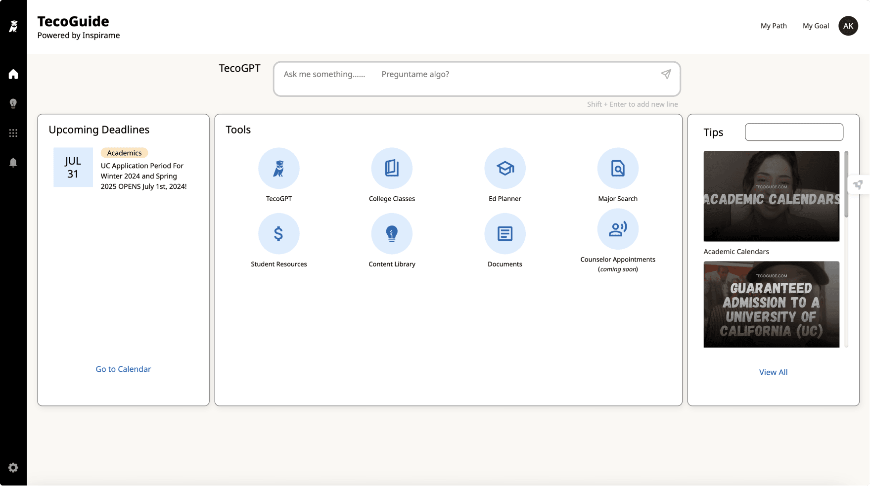 The previous TecoGuide dashboard: a TecoGPT ask bar across the top, an Upcoming Deadlines column on the left holding one item, a grid of eight tool icons in the middle, and a column of tip videos on the right.