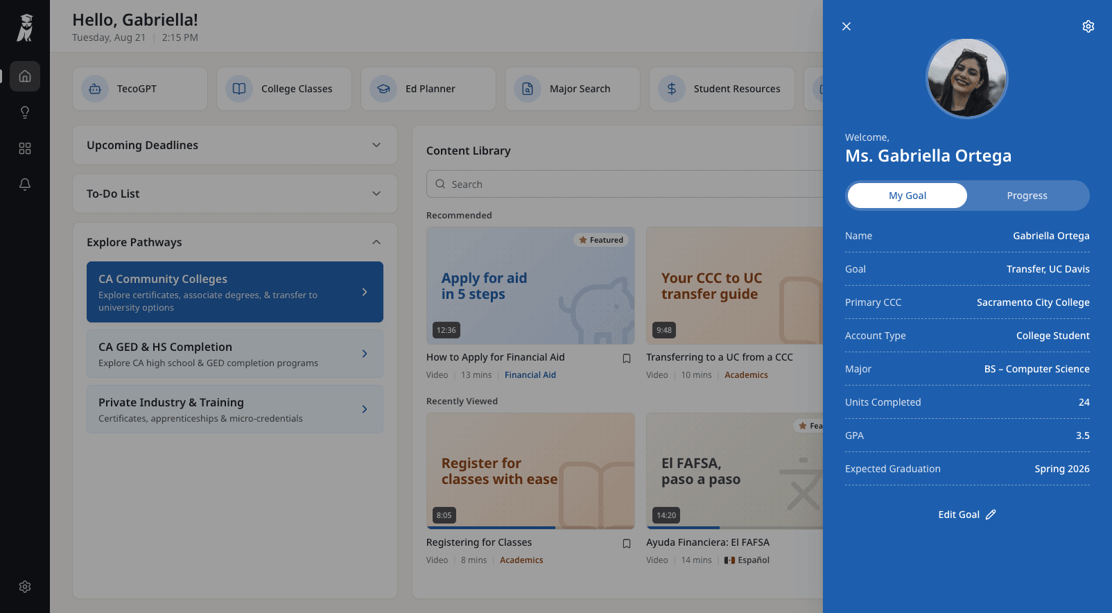 The profile panel open over the dashboard on the My Goal tab: the student's name, goal (transfer to UC Davis), primary college, account type, major, units completed, GPA and expected graduation, with an Edit Goal link.